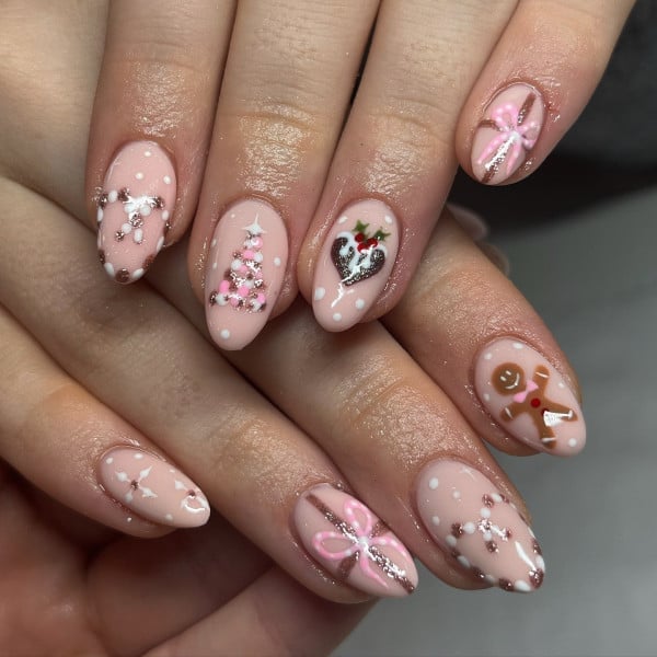 Medium Almond Pale Pink With Christmas Motifs Medium Almond Pale Pink With Christmas Motifs — Sparkly Christmas Nails