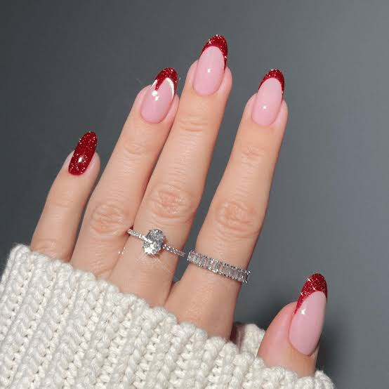 Medium Almond Red Glitter French Line Medium Almond Red Glitter French Line — Sparkly Christmas Nails