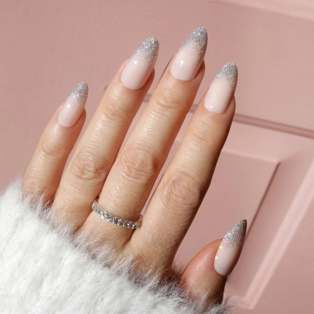 Medium Almond Glitter Gradient French Tips Medium Almond Glitter Gradient French Tips — Sparkly Christmas Nails