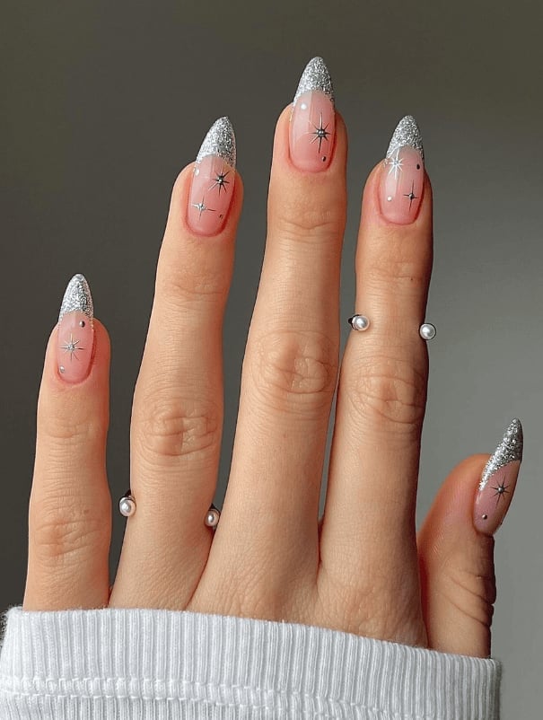 Long Stiletto Silver Glitter French Tips With Stars Long Stiletto Silver Glitter French Tips With Stars — Sparkly Christmas Nails