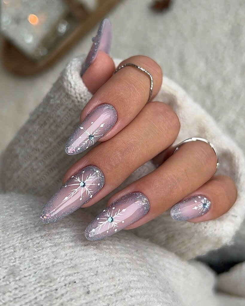Long Almond Pink With Snowflake Art And Rhinestones Long Almond Pink With Snowflake Art And Rhinestones — Sparkly Christmas Nails