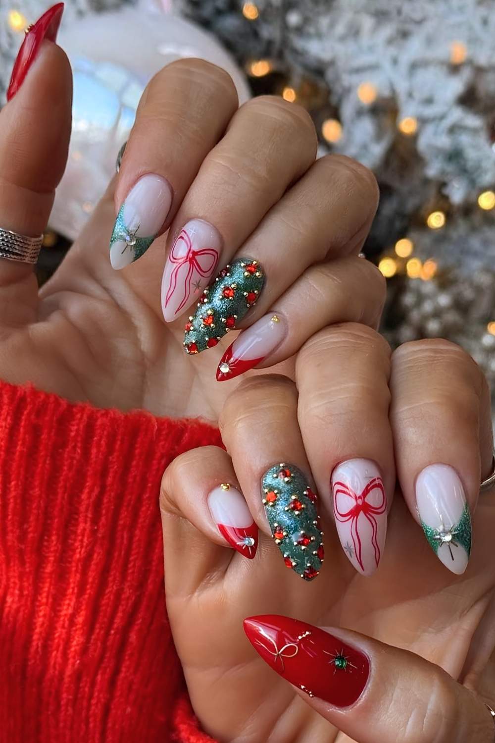 Long Almond Red French Tips With Bows And Glitter Long Almond Red French Tips With Bows And Glitter — Sparkly Christmas Nails