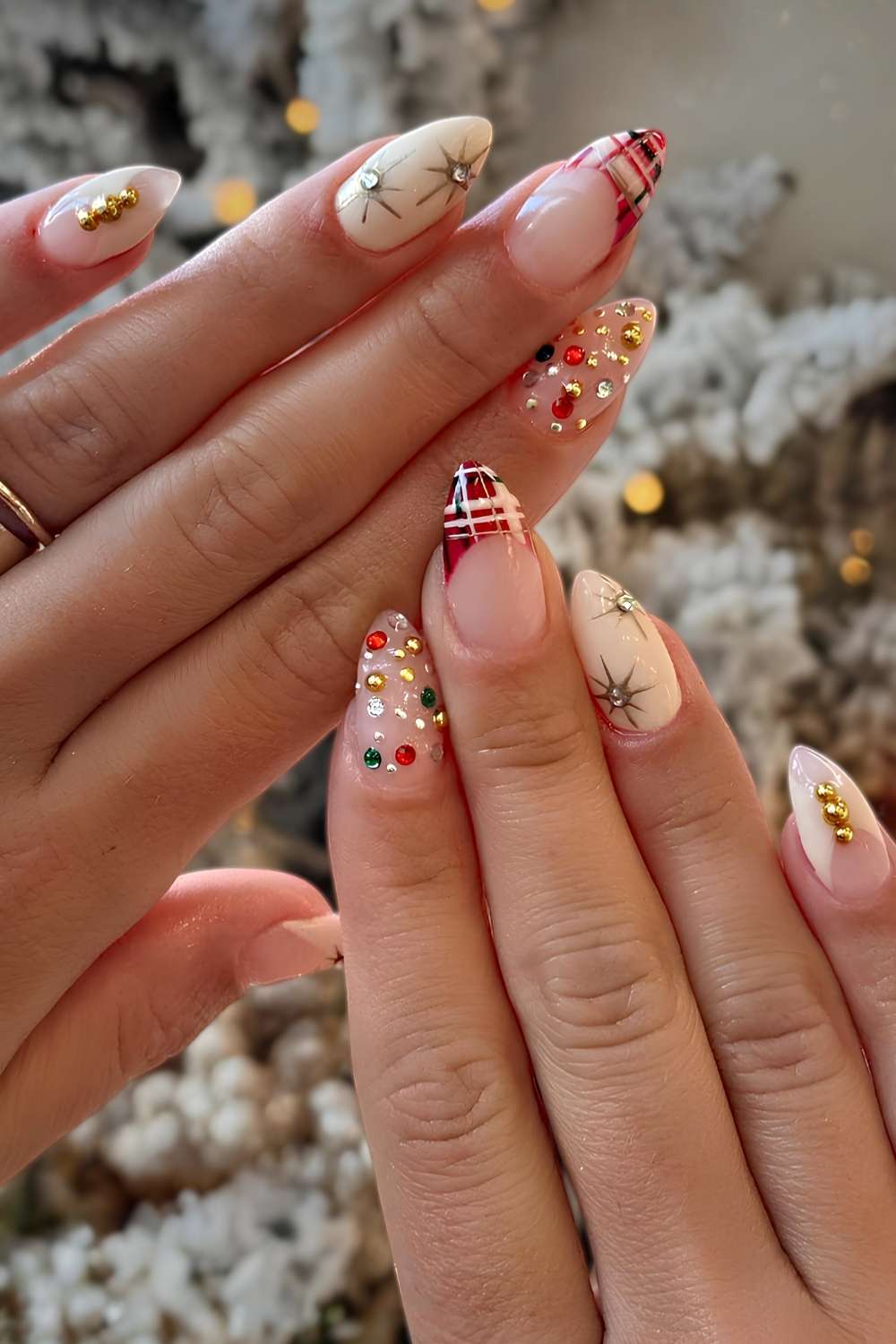 Long Almond Plaid Stars And Rhinestone Embellishments Long Almond Plaid Stars And Rhinestone Embellishments — Sparkly Christmas Nails