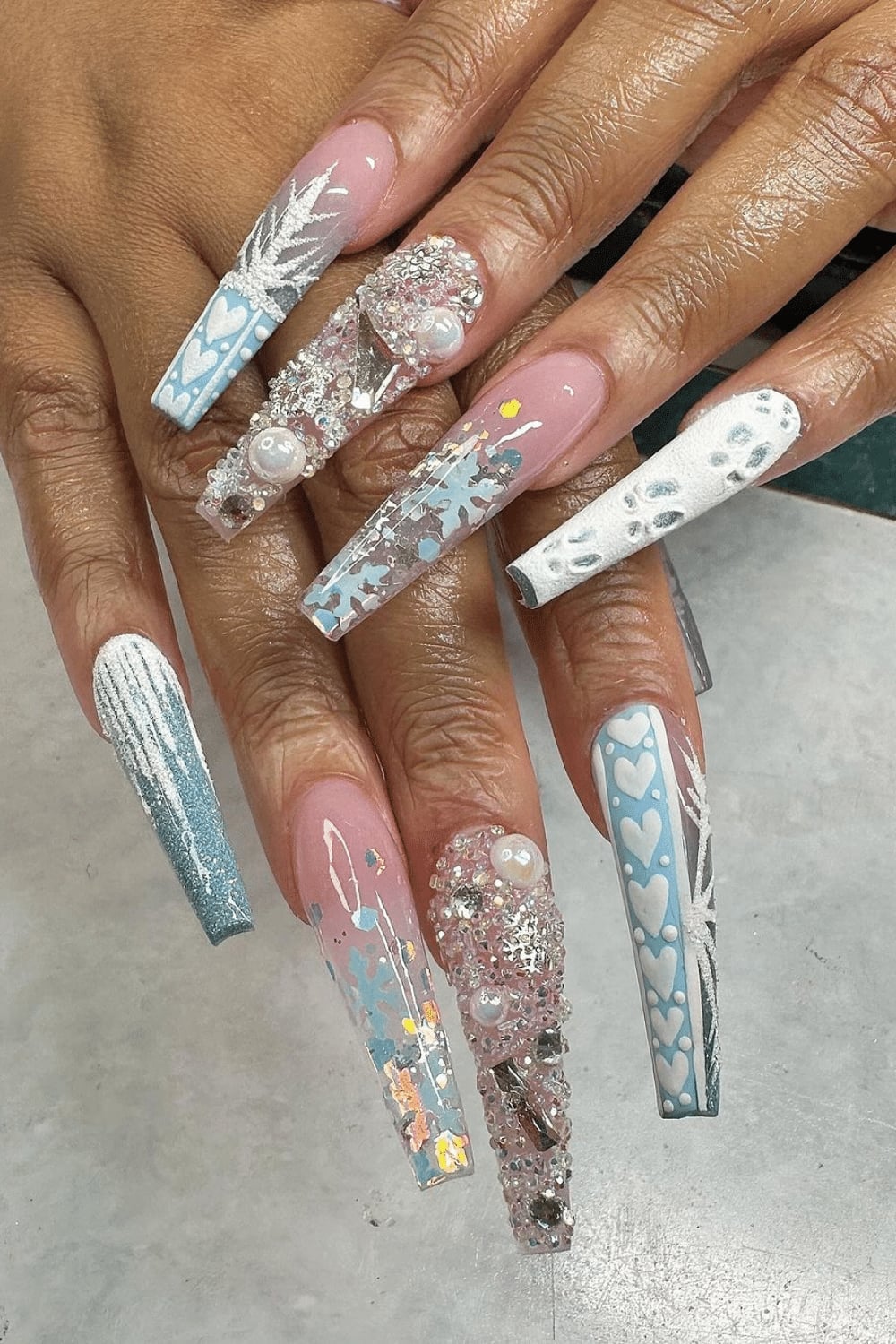 Long Coffin Pink Blue Ombre With Snowflakes And Gems Long Coffin Pink Blue Ombre With Snowflakes And Gems — Sparkly Christmas Nails