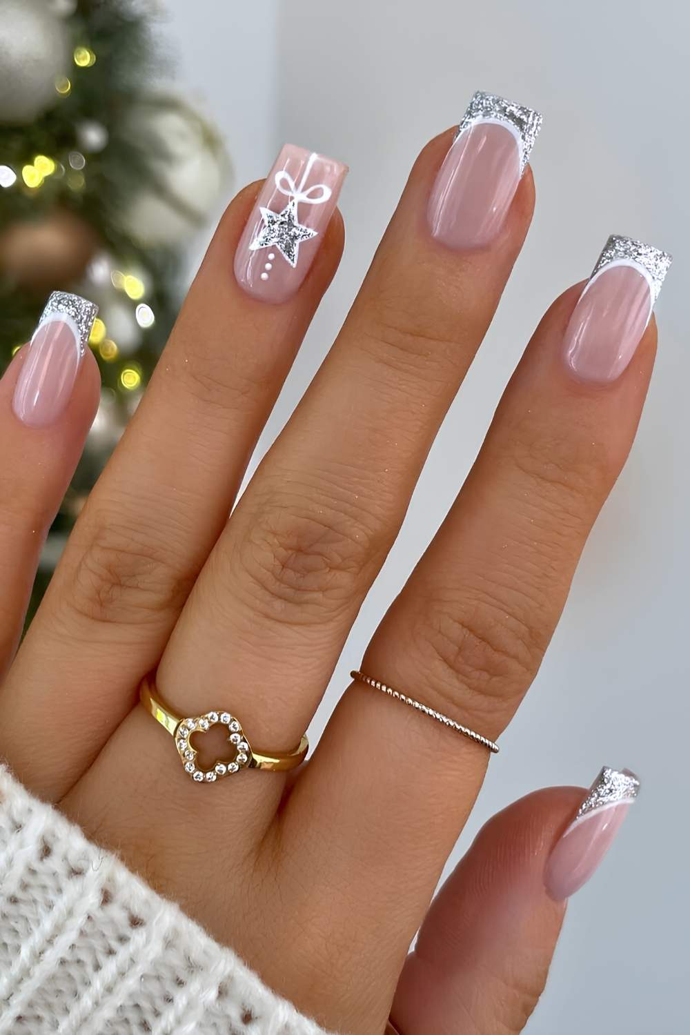 Medium Square Glitter French Tips With Star, Close-Up Take Medium Square Glitter French Tips With Star, Close-Up Take — Sparkly Christmas Nails