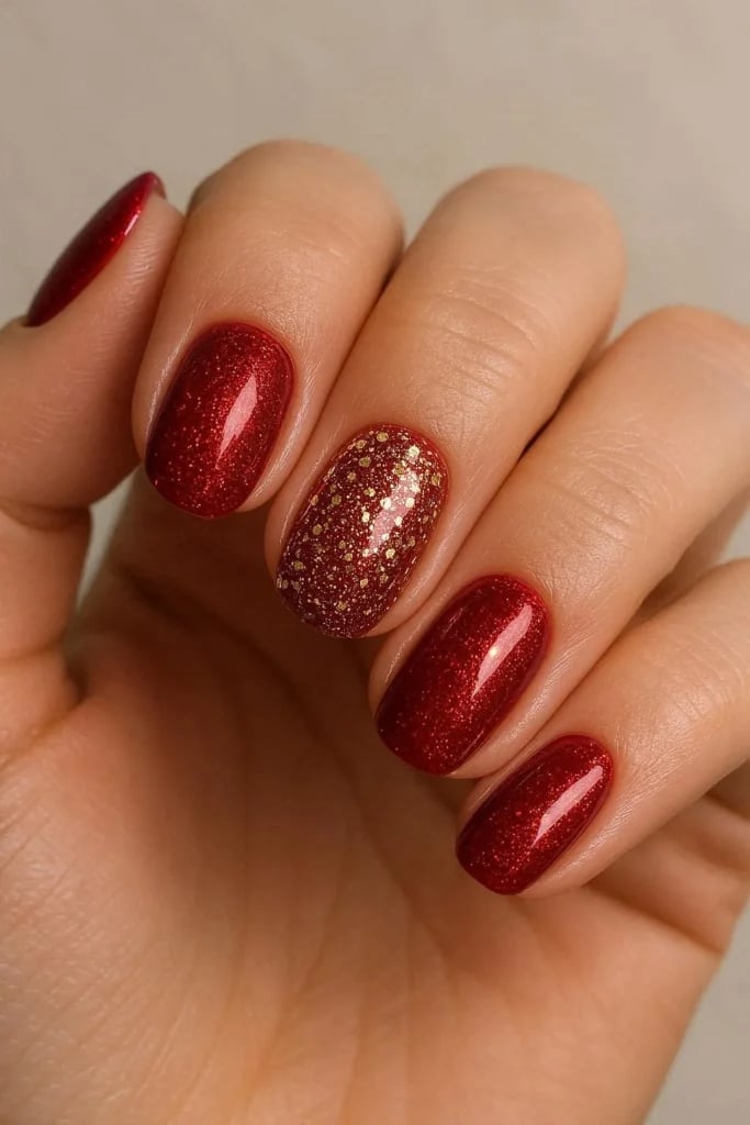 Short Oval Deep Red With Gold Glitter Accent Short Oval Deep Red With Gold Glitter Accent — Sparkly Christmas Nails
