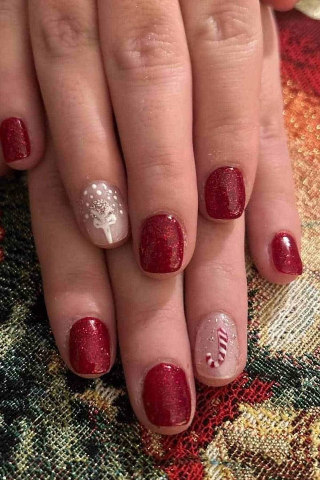 Short Square Red Glitter With Candy Cane Accents Short Square Red Glitter With Candy Cane Accents — Sparkly Christmas Nails