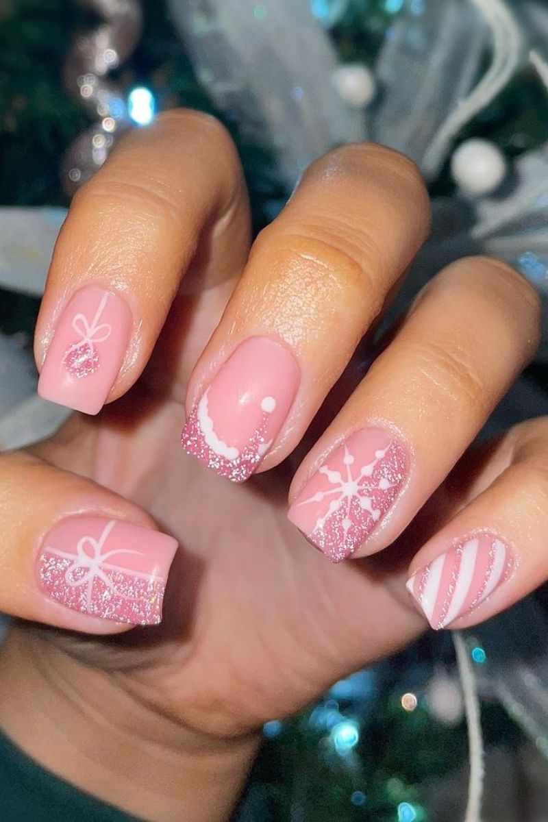Short Square Pink With White Christmas Motifs Short Square Pink With White Christmas Motifs — Sparkly Christmas Nails