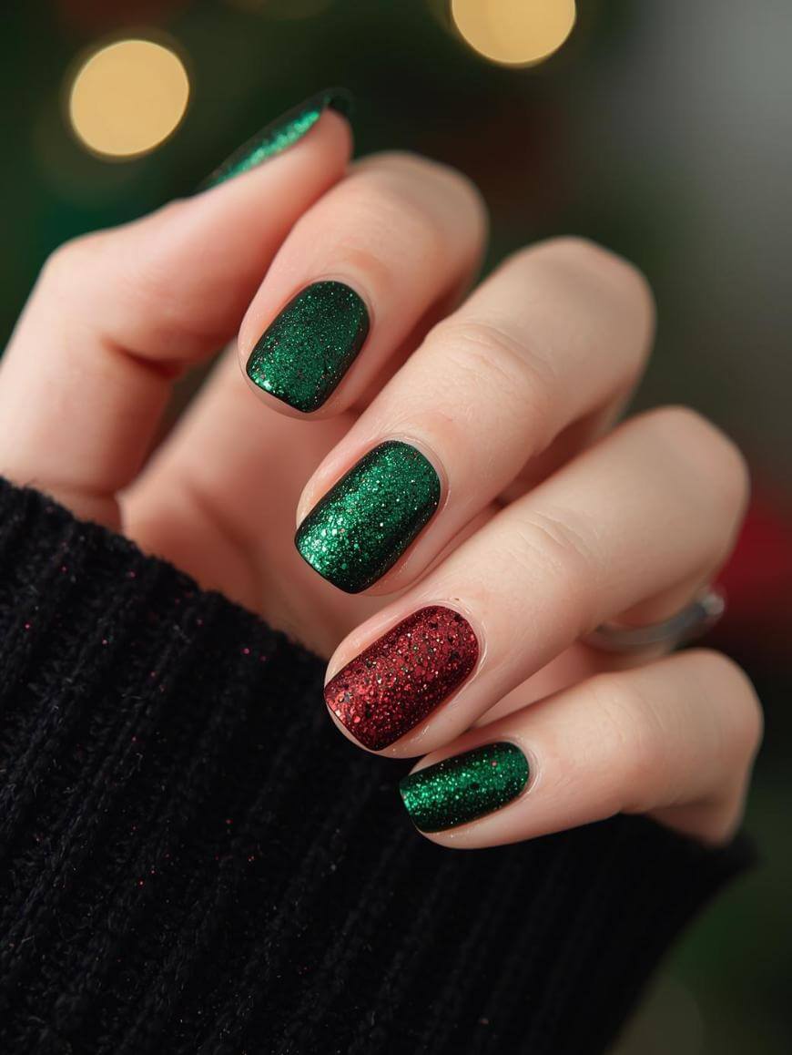 Short Square Emerald Green and Red Glitter Nails Short Square Emerald Green and Red Glitter Nails — Sparkly Christmas Nails
