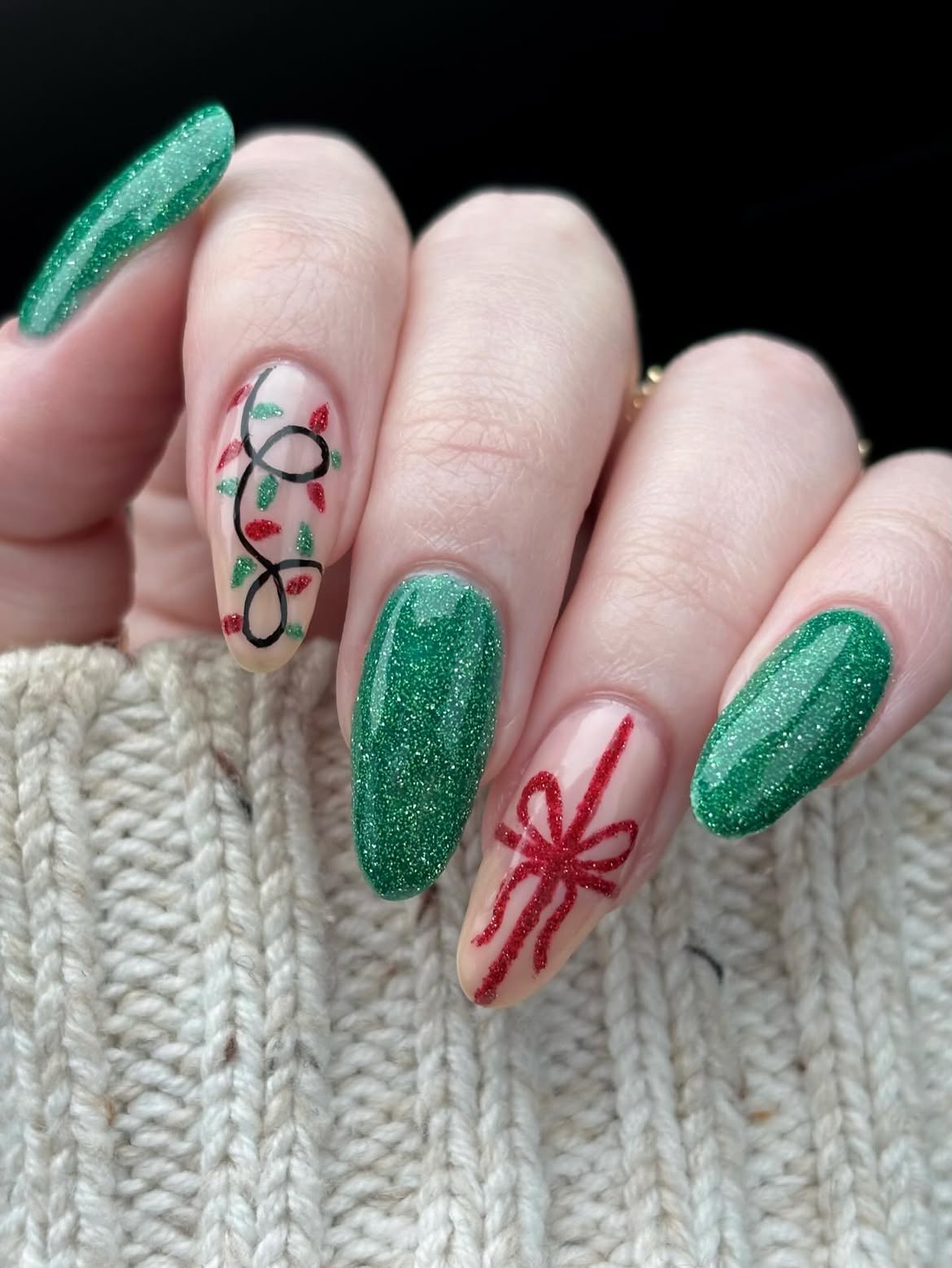Sparkly Green Christmas Lights French Tips