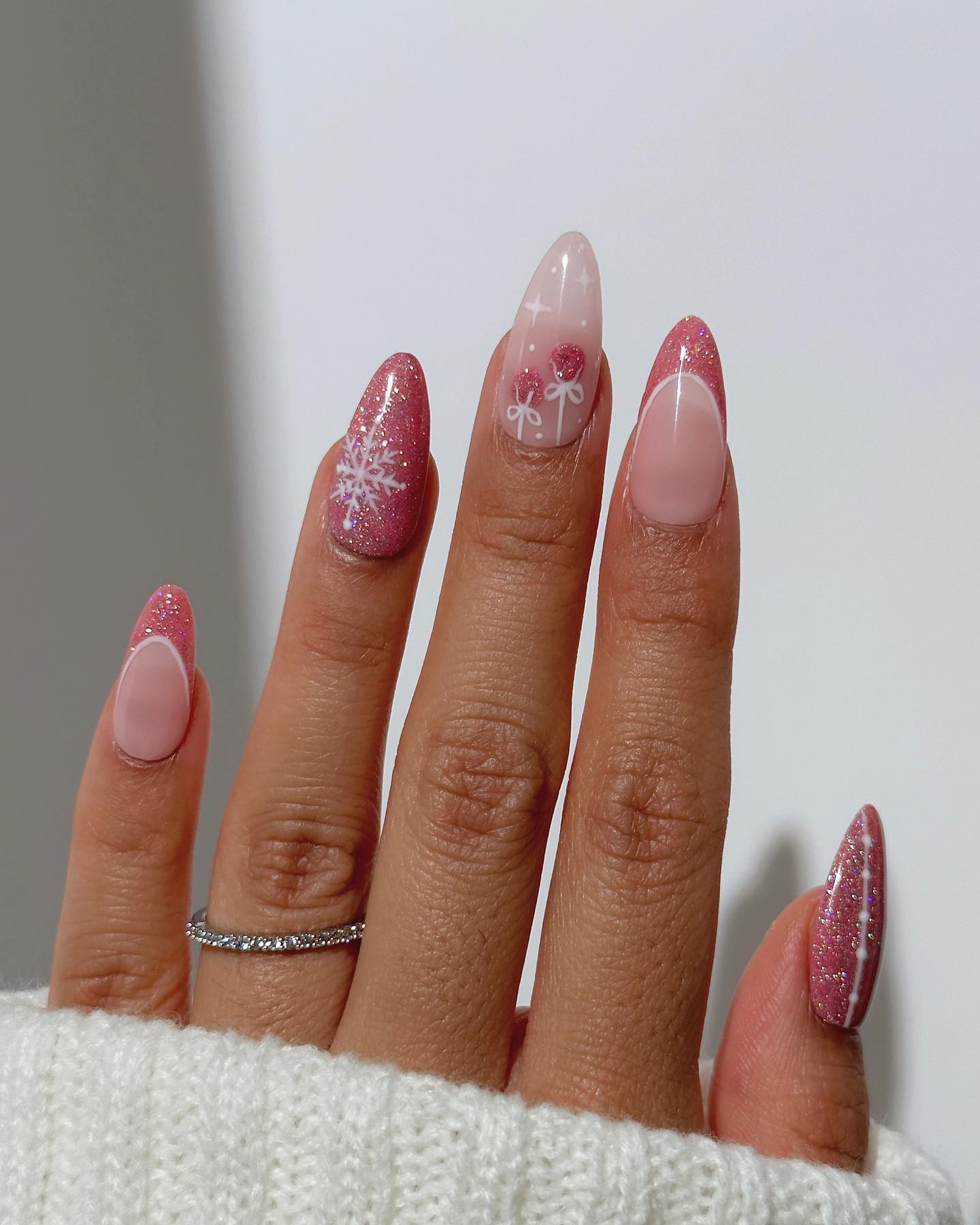 Sparkly Pink Snowflake French Manicure
