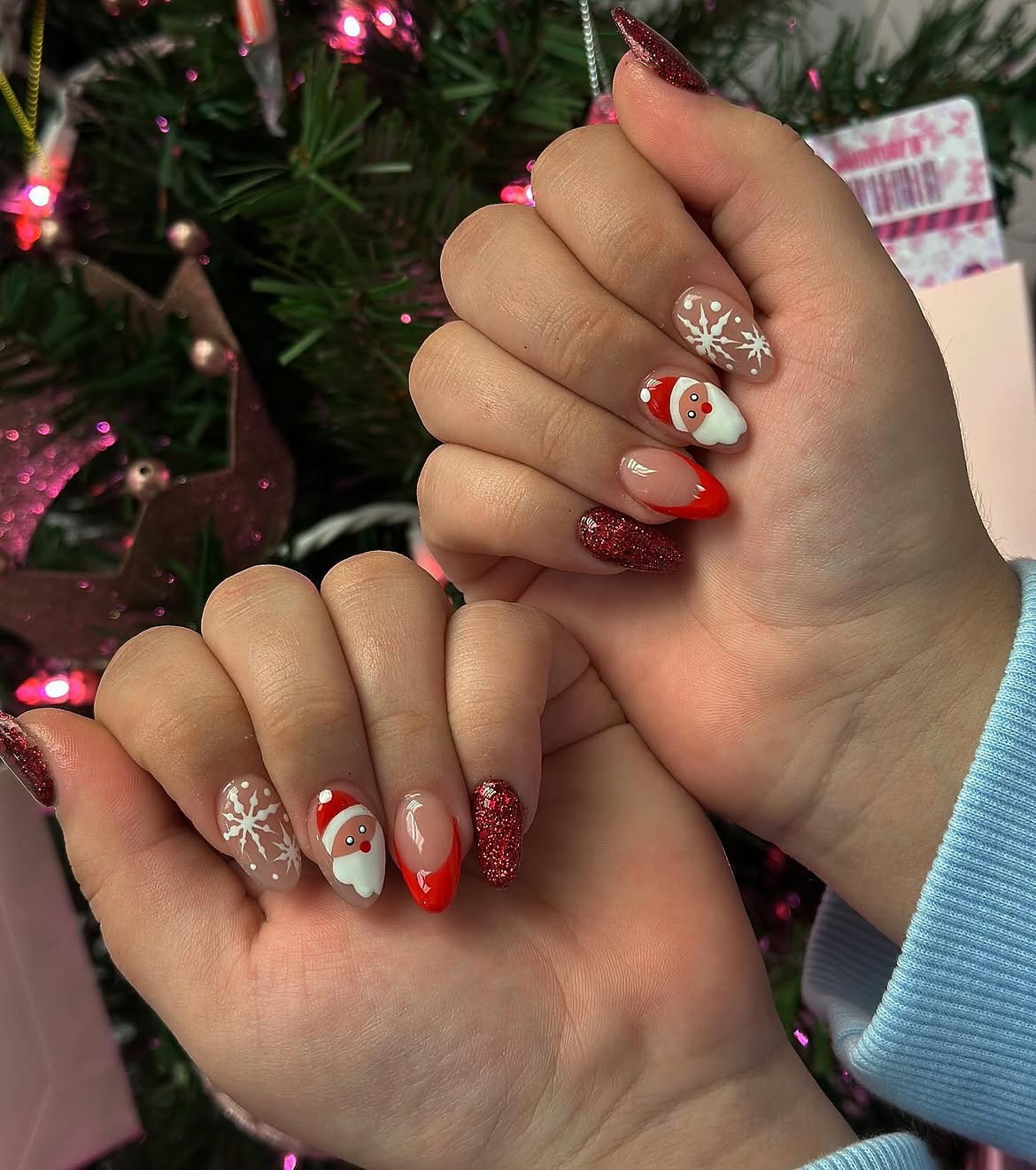 Sparkly Santa and Snowflakes Almond Nails