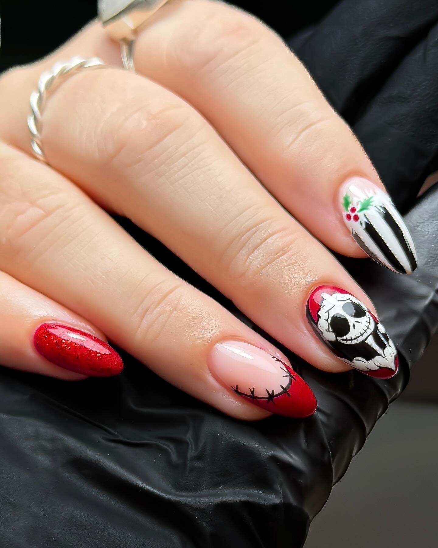 Spooky Christmas Skull French Tip Nails