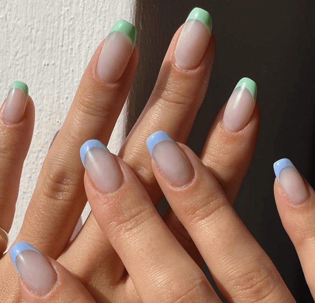 Short Squoval with Pastel Green and Blue Tips Short Squoval with Pastel Green and Blue Tips — Squoval Nails