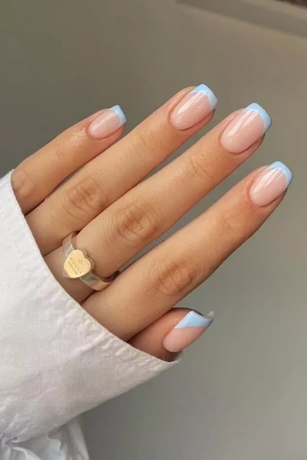 Nude Base Short Squoval with Light Blue Tips Nude Base Short Squoval with Light Blue Tips — Squoval Nails