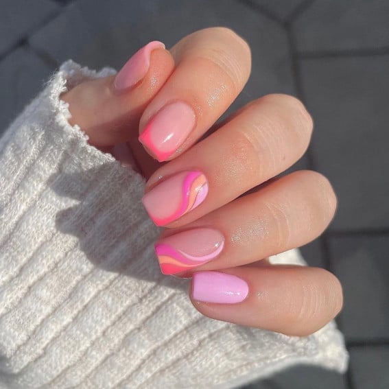 Short Squoval French with Colorful Swirls Short Squoval French with Colorful Swirls — Squoval Nails