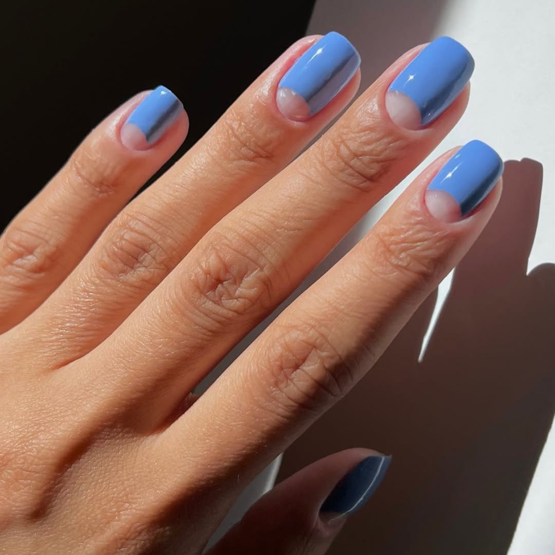 Blue Short Squoval Half Moon Design Blue Short Squoval Half Moon Design — Squoval Nails