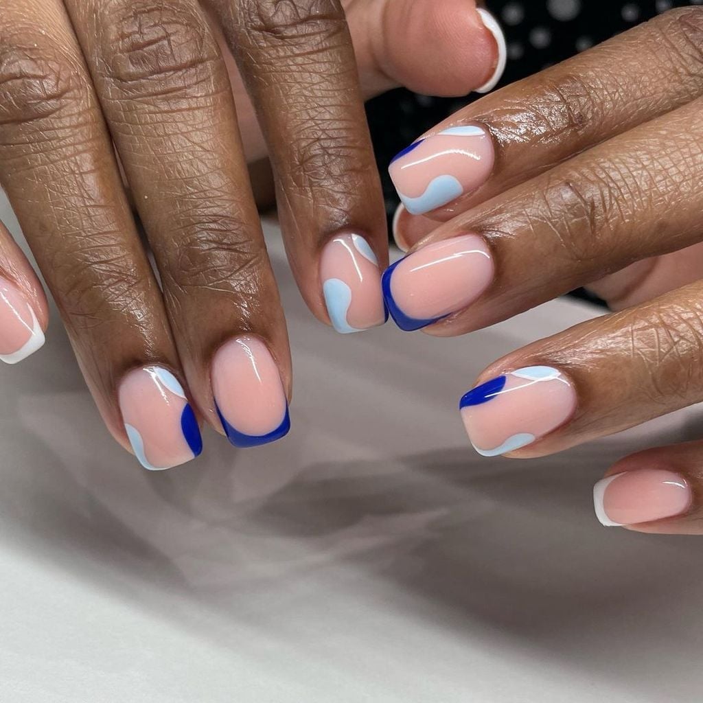 Nude Base Short Squoval with Abstract Blue Art Nude Base Short Squoval with Abstract Blue Art — Squoval Nails