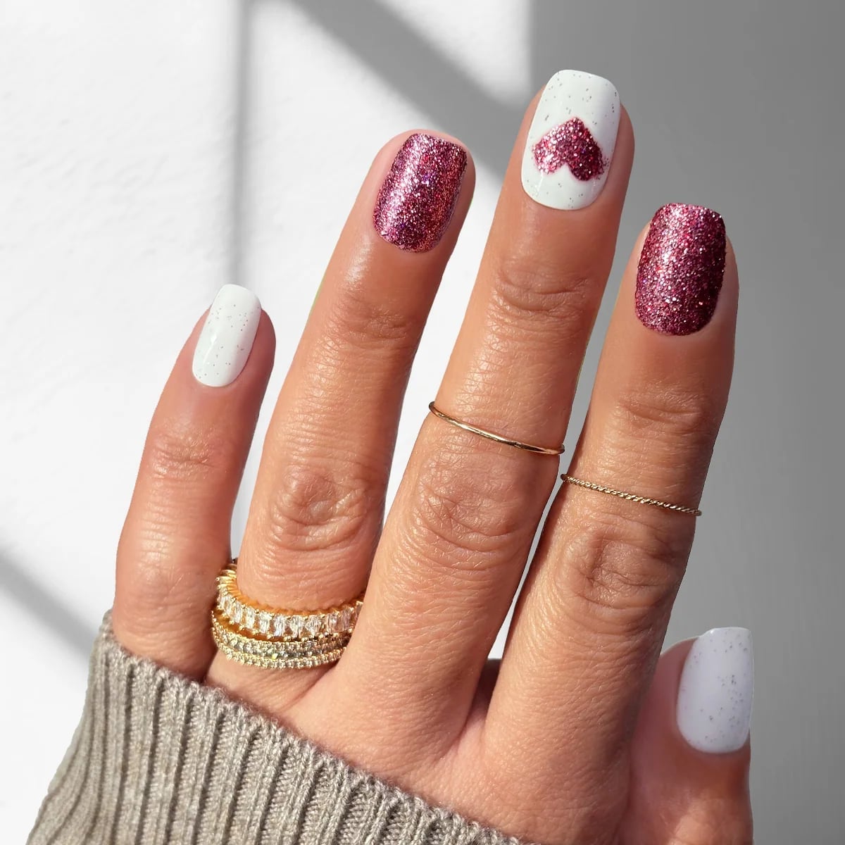White Medium Squoval with Pink Glitter Heart White Medium Squoval with Pink Glitter Heart — Squoval Nails