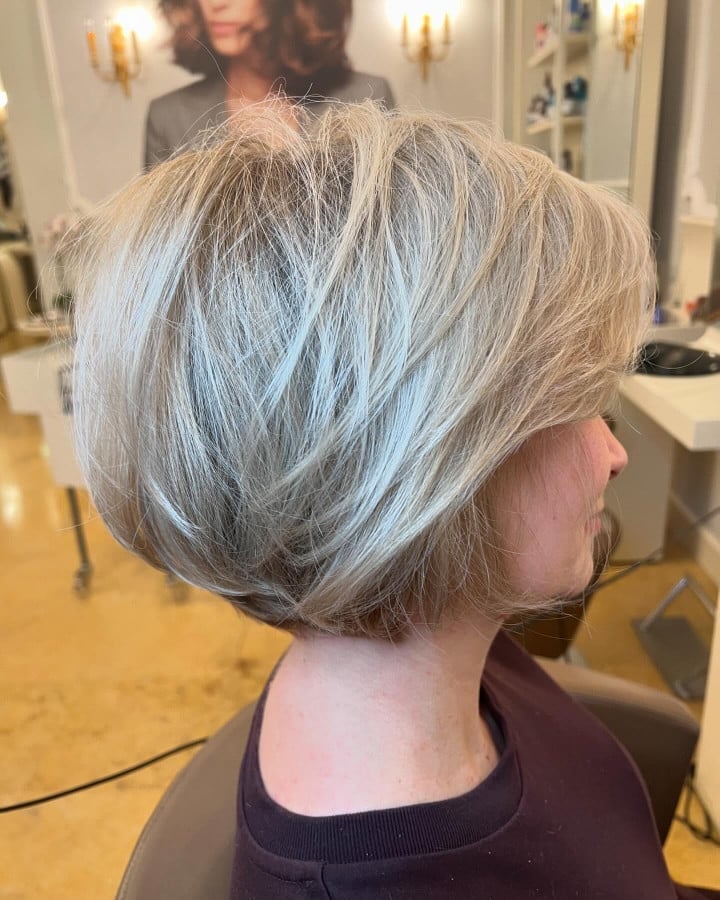 Ash Blonde Stacked Bob With Feathered Layers Ash Blonde Stacked Bob With Feathered Layers
