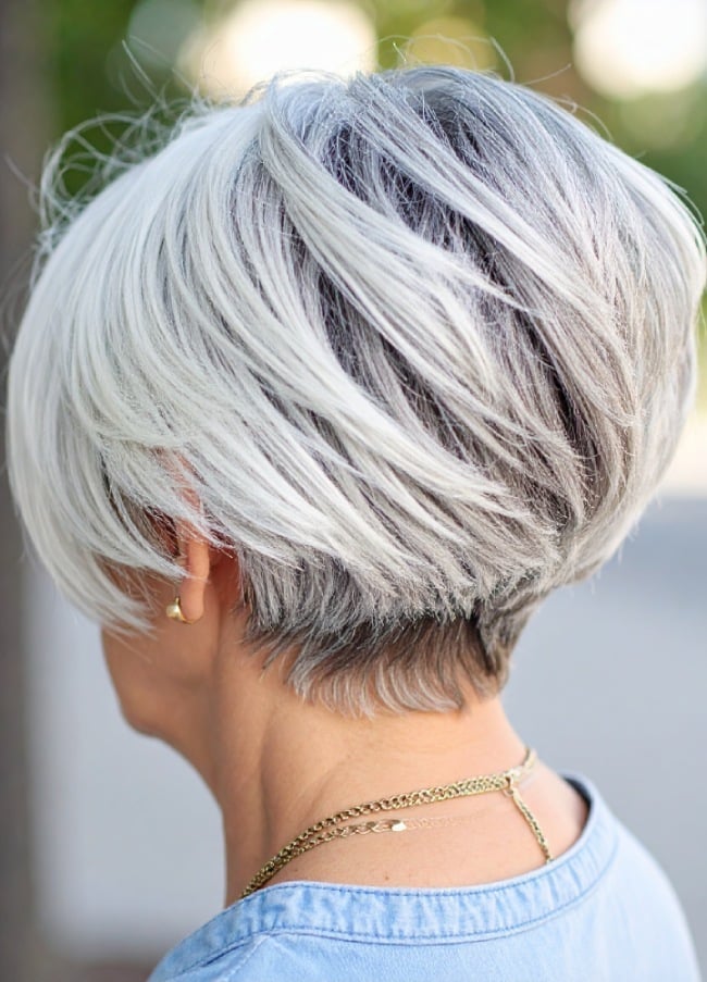 Silver Gray Stacked Bob With Tousled Waves Silver Gray Stacked Bob With Tousled Waves