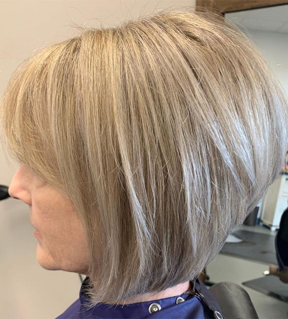 Chin Length Stacked Bob With Curtain Bangs Chin Length Stacked Bob With Curtain Bangs