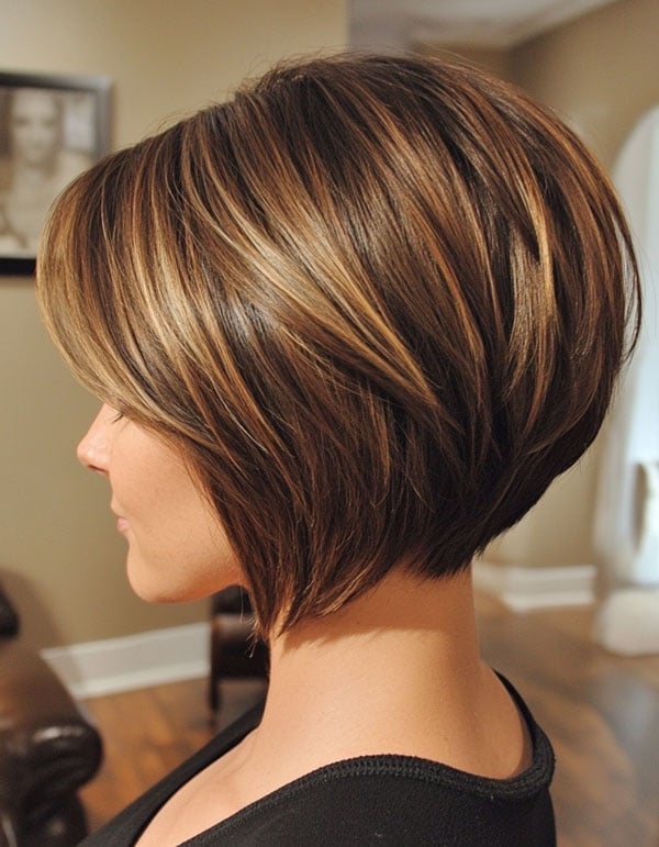 Straight Brown Stacked Bob With Honey Highlights Straight Brown Stacked Bob With Honey Highlights