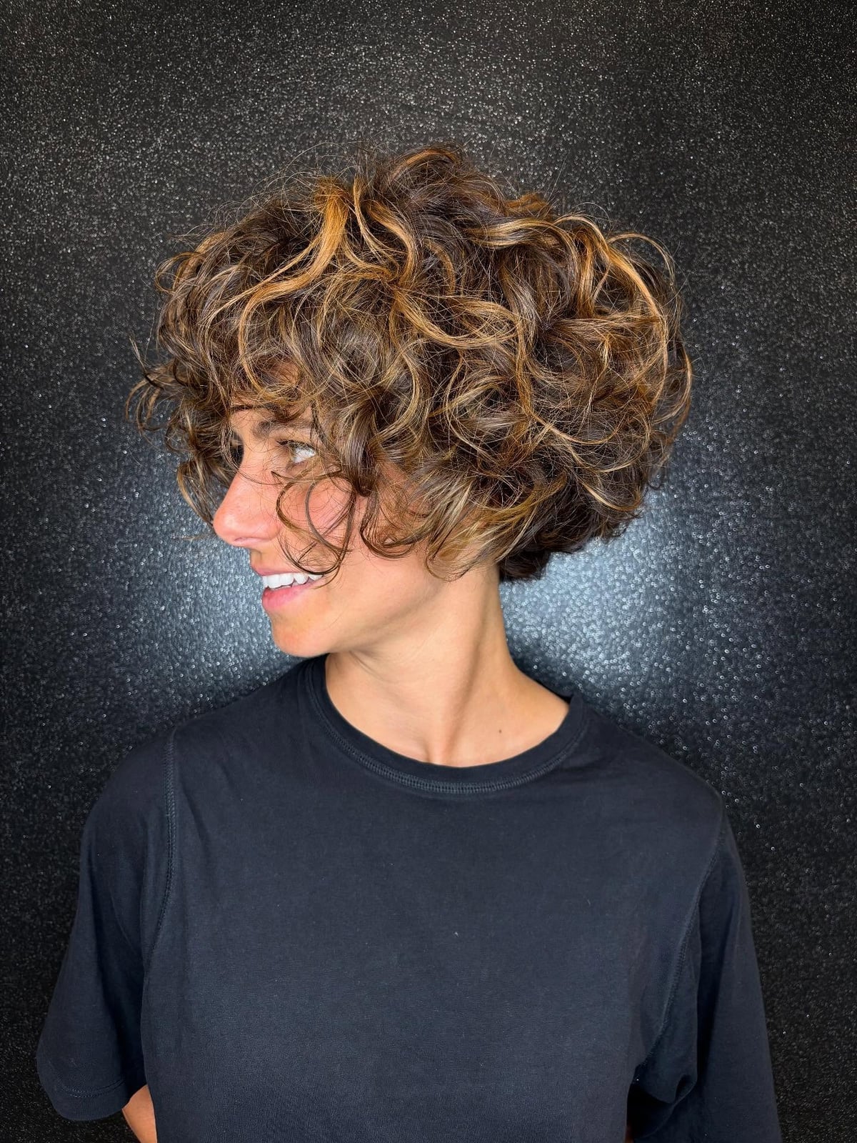 Dark Blonde Stacked Bob With Caramel Curls Dark Blonde Stacked Bob With Caramel Curls