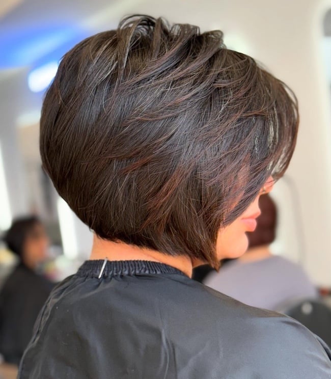 Brunette Stacked Bob With Reddish Highlights Brunette Stacked Bob With Reddish Highlights
