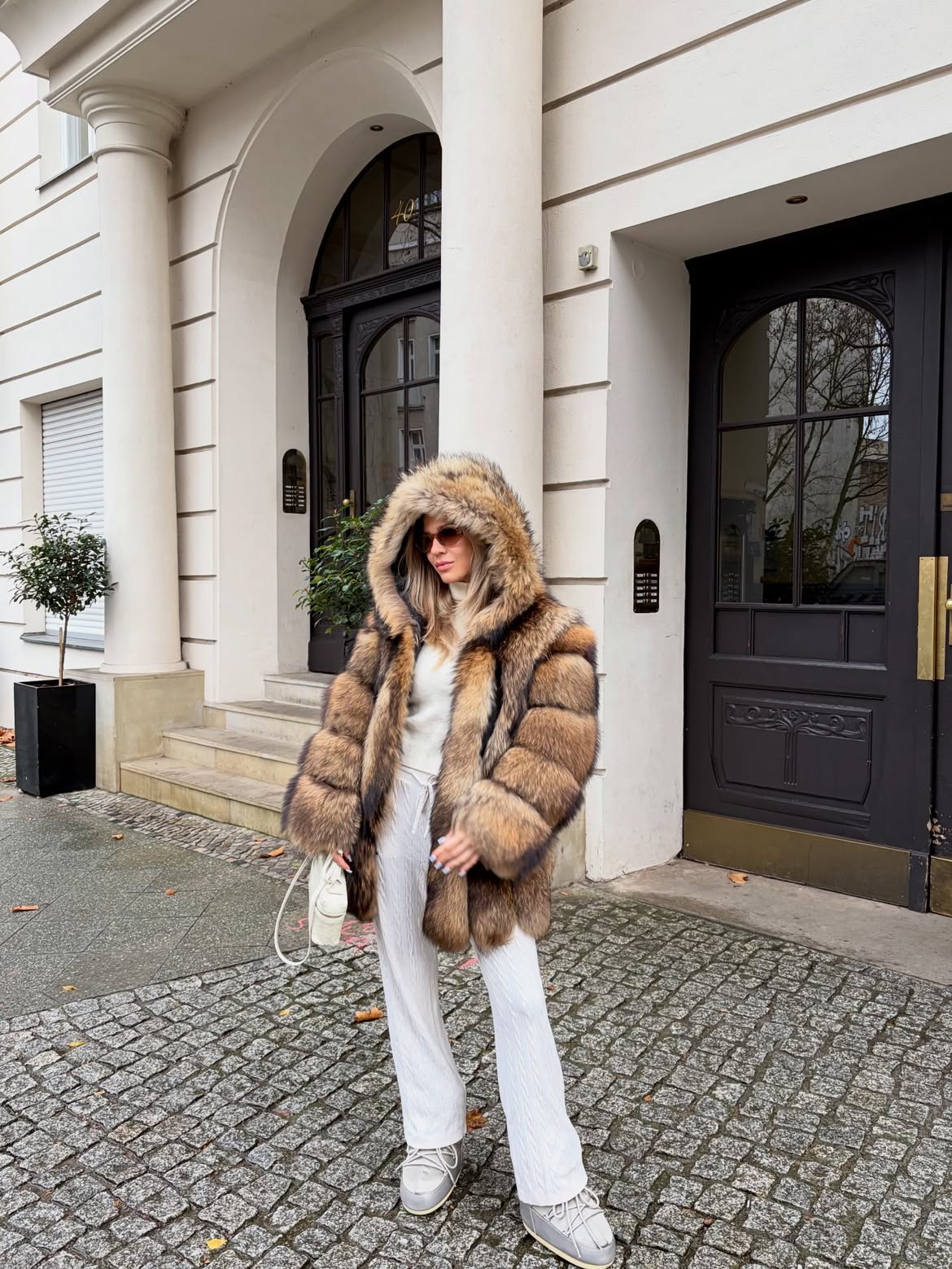 Statement Faux Fur Coat With Cream Knit And White Pants