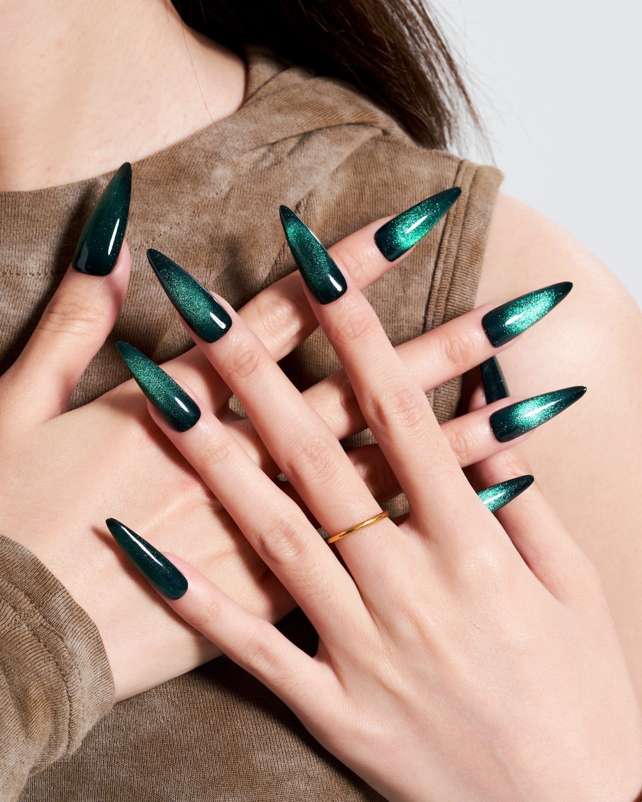 Deep Green Cat Eye Long Stiletto Nails
