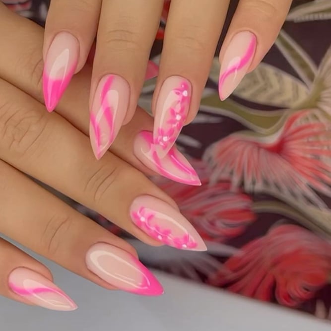 Pink Wavy Design Sheer Nude Stilettos — Stiletto Nails