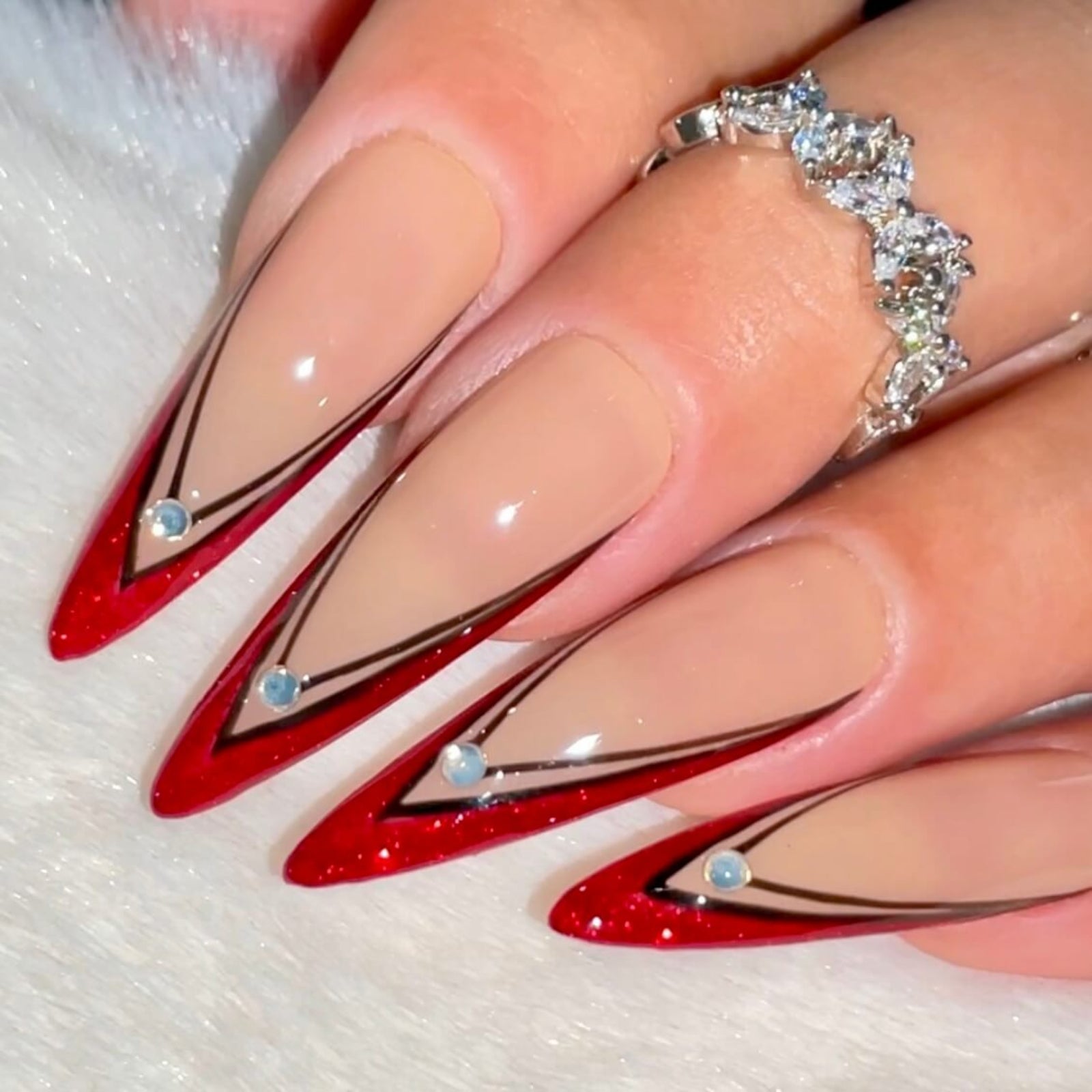 Red Glitter French Tip Stiletto Nails