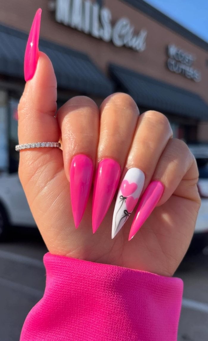 Hot Pink Heart Bow Stiletto Nails
