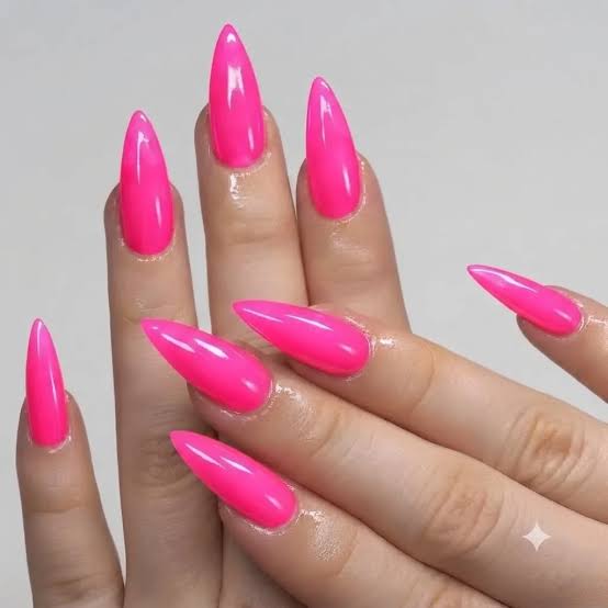Neon Pink Glossy Stiletto Nails