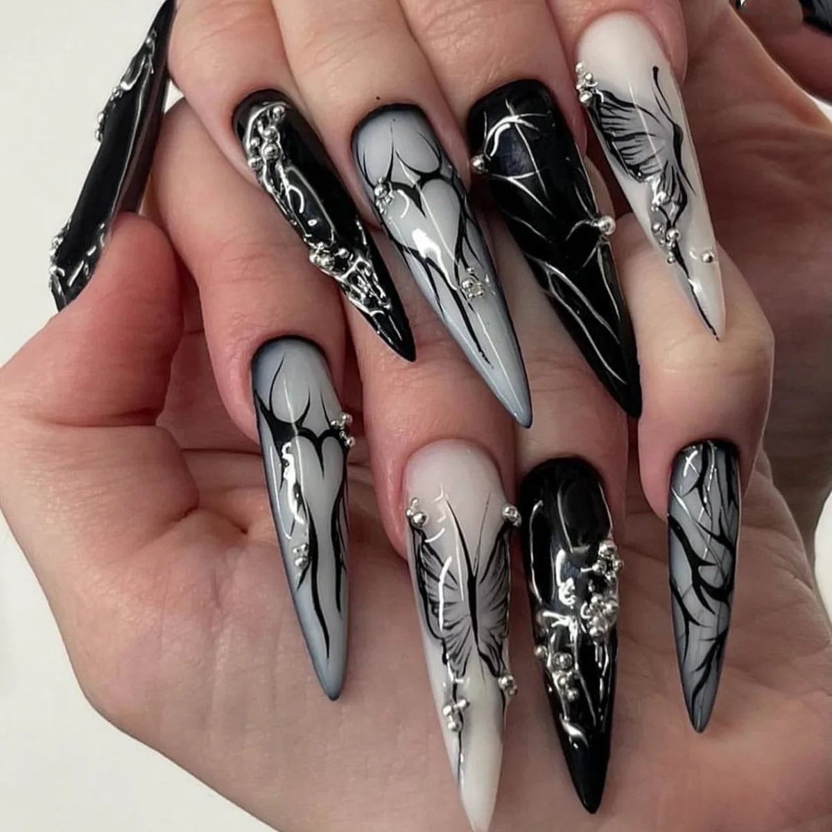 Black White Abstract Butterfly Stiletto Nails