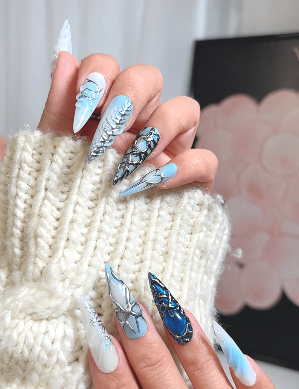 Winter Theme Blue White Silver Stilettos — Stiletto Nails