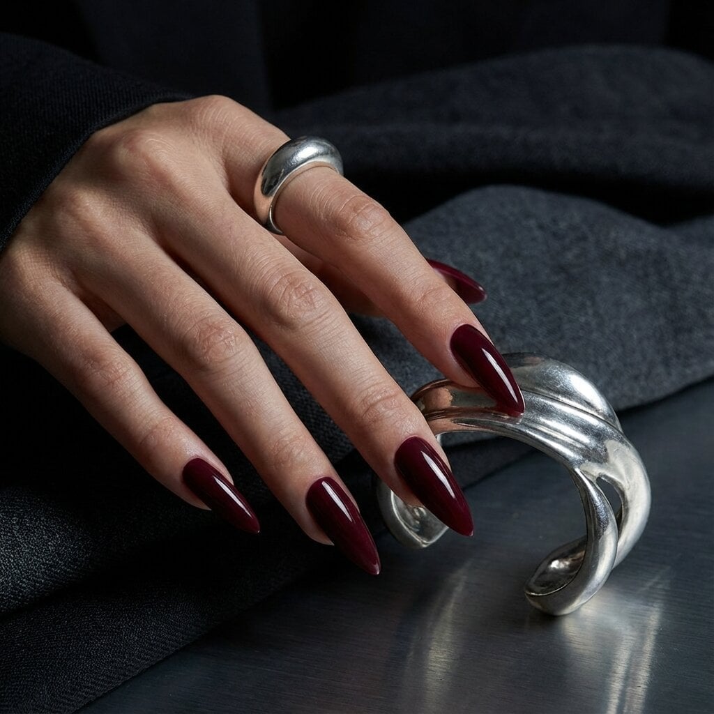 Deep Burgundy Glossy Stiletto Nails