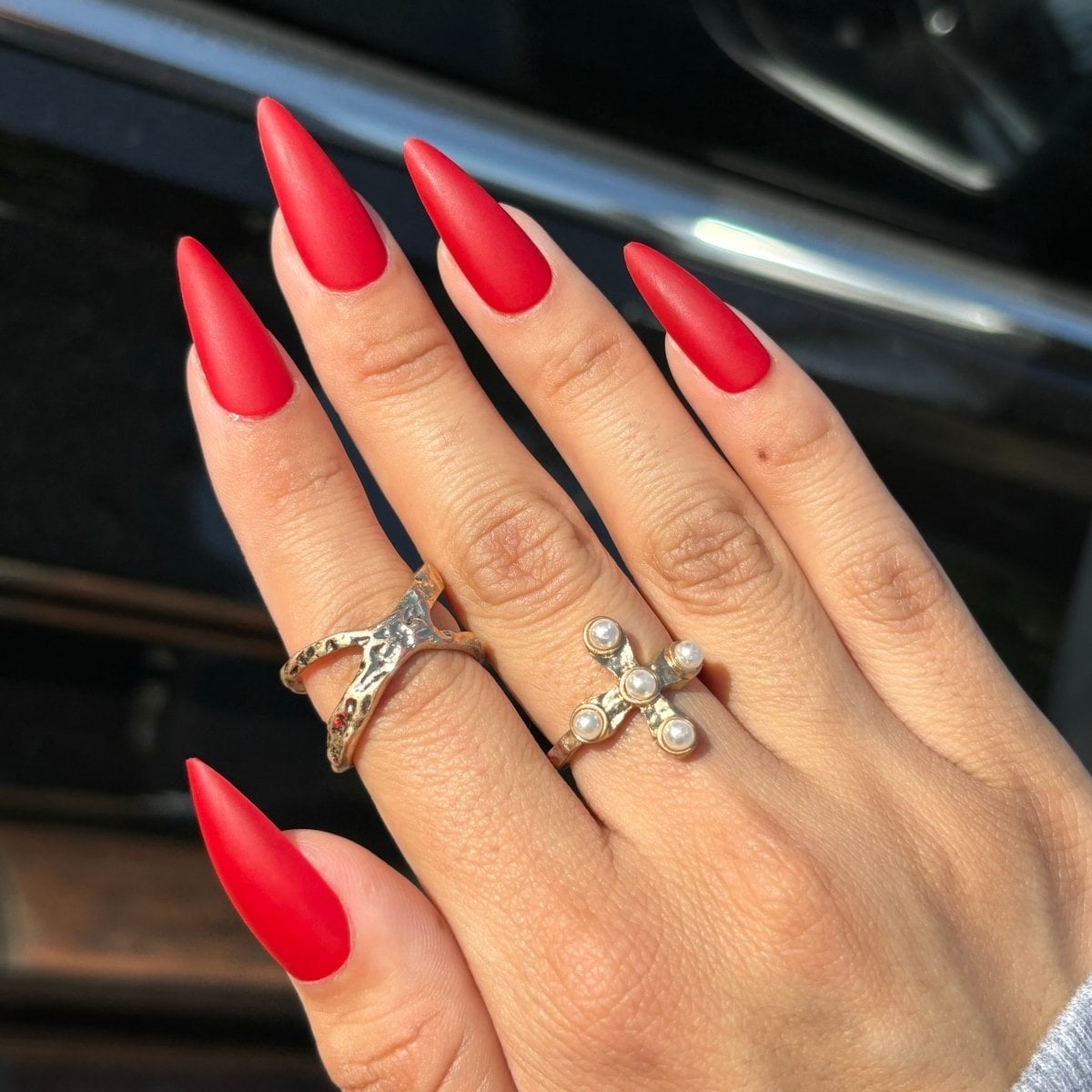 Matte Red Long Stiletto Nails