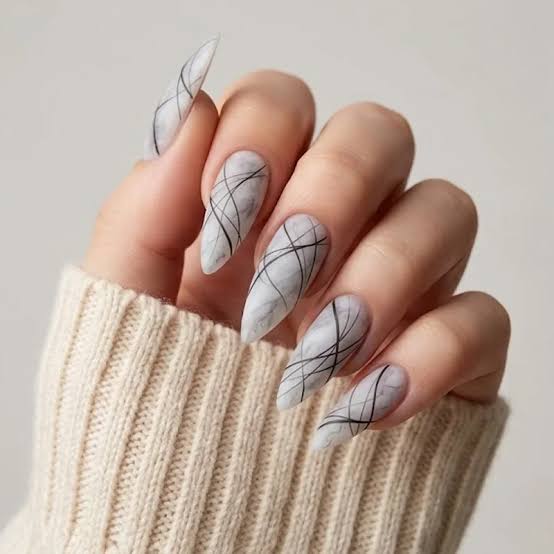 Gray White Marble Matte Stiletto Nails