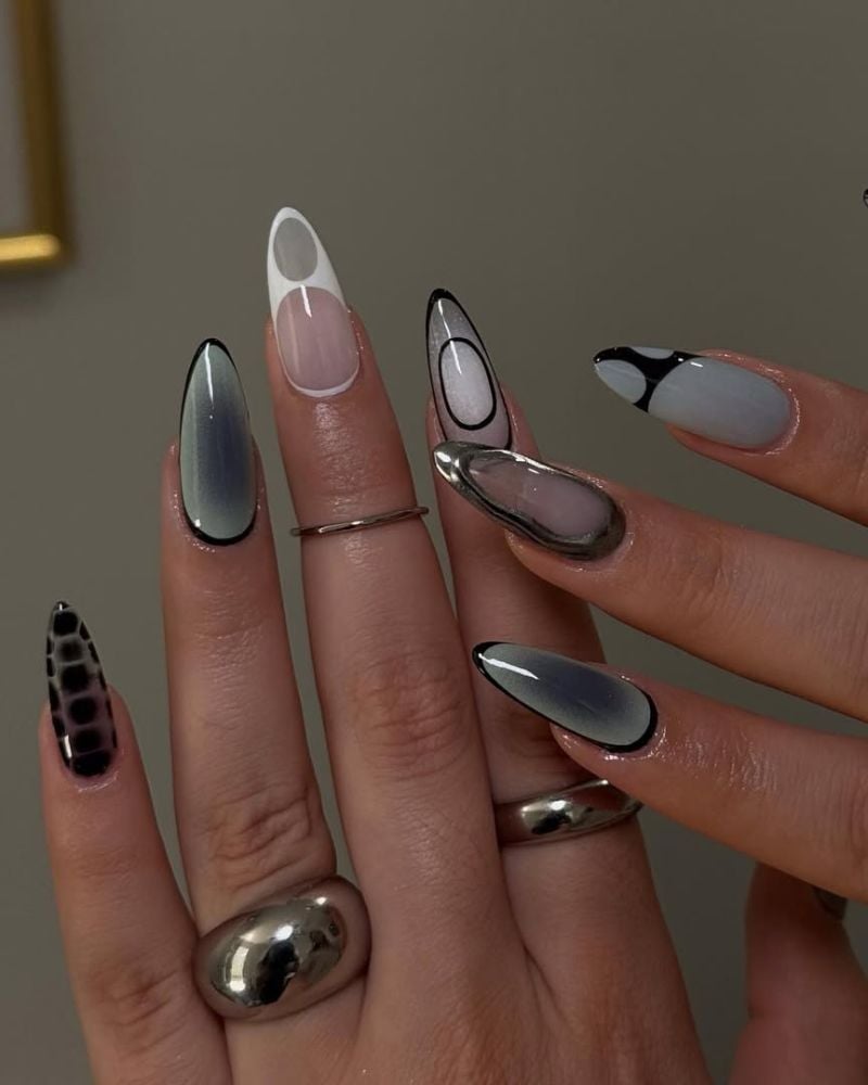 Abstract Chrome Accent Stiletto Nails