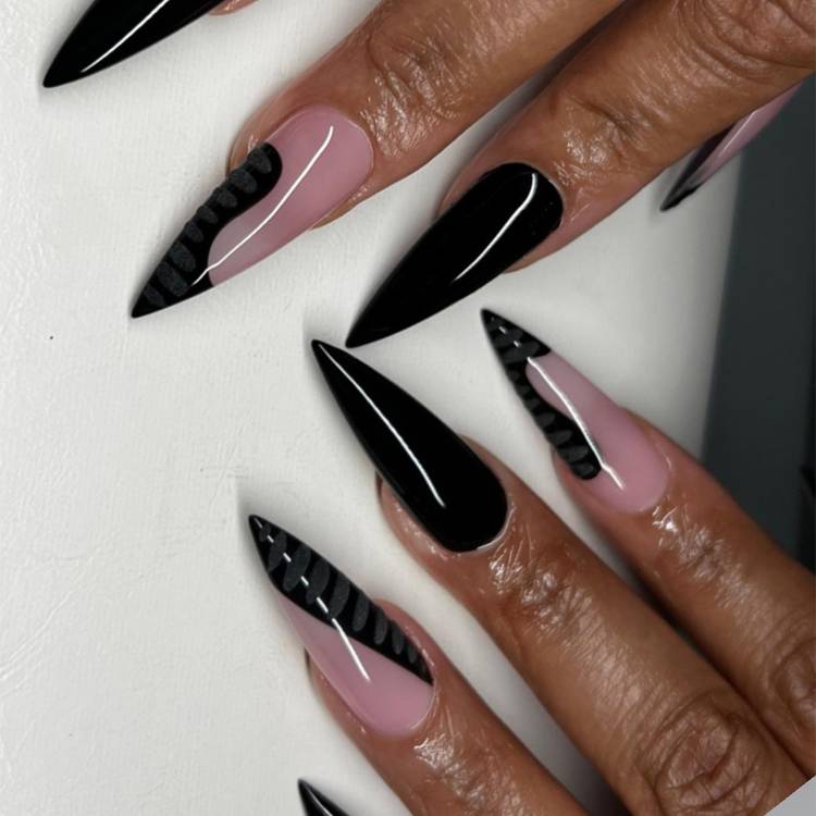 Abstract Lines Black and Nude Pink Stilettos — Stiletto Nails