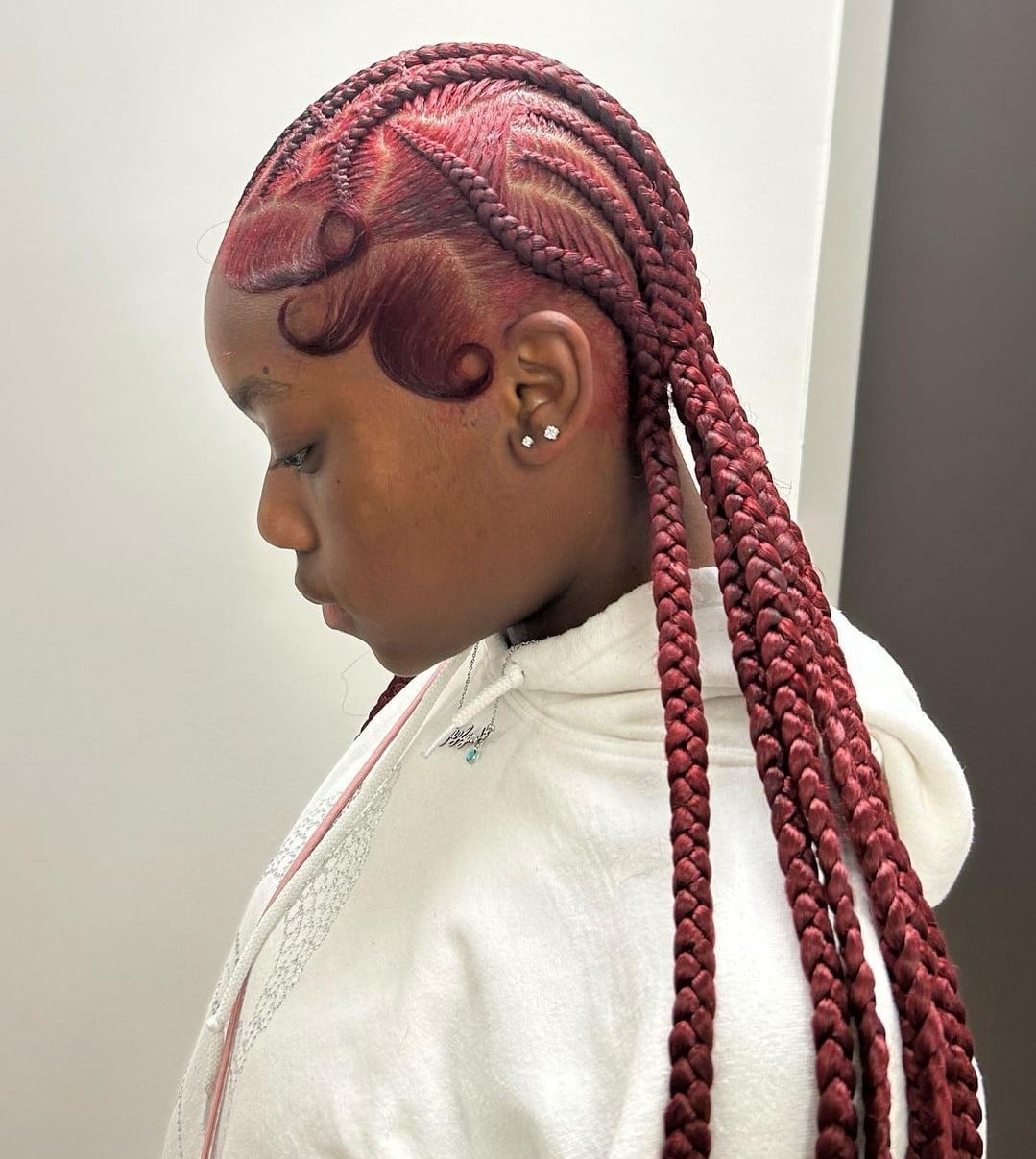 Deep Red Stitch Braids With Styled Edges — Stitch Braids Hairstyles