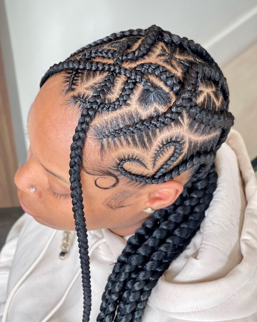 Thick Black Stitch Braids With Geometric Patterns — Stitch Braids Hairstyles