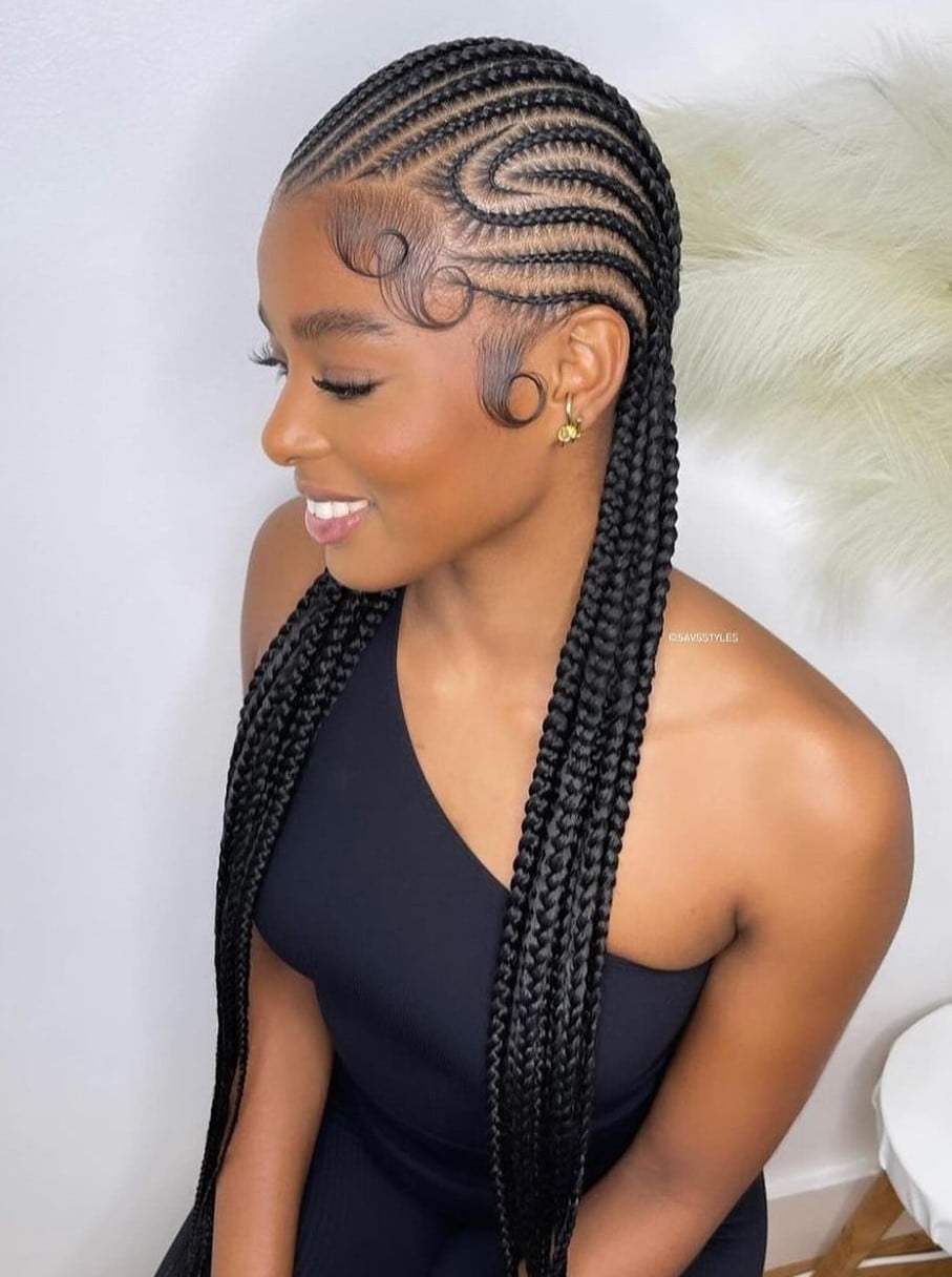 Sleek Stitch Braids With Swirling Scalp Pattern — Stitch Braids Hairstyles