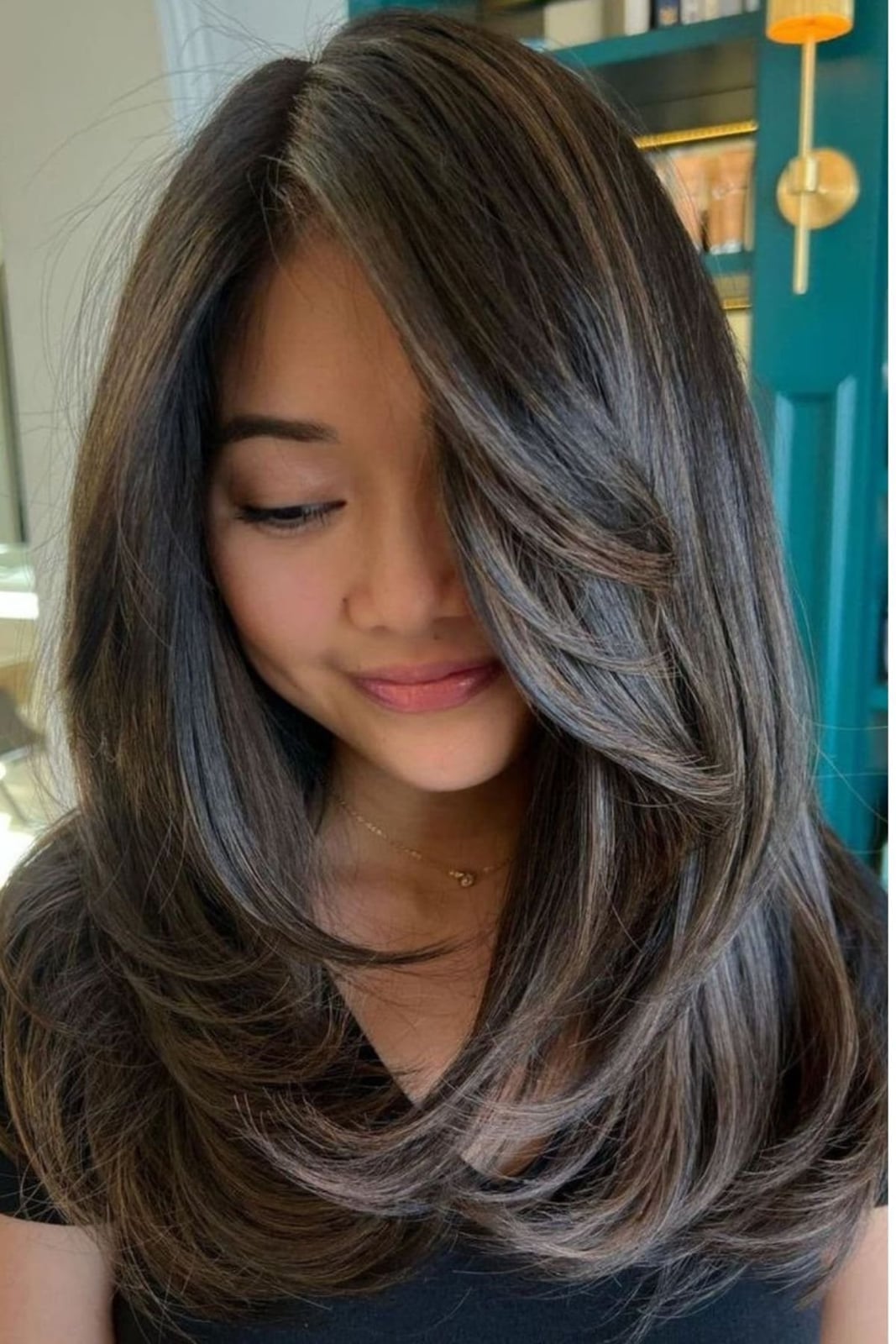 Mid-Back Layers With Grayish Highlights, Side — Straight Hair