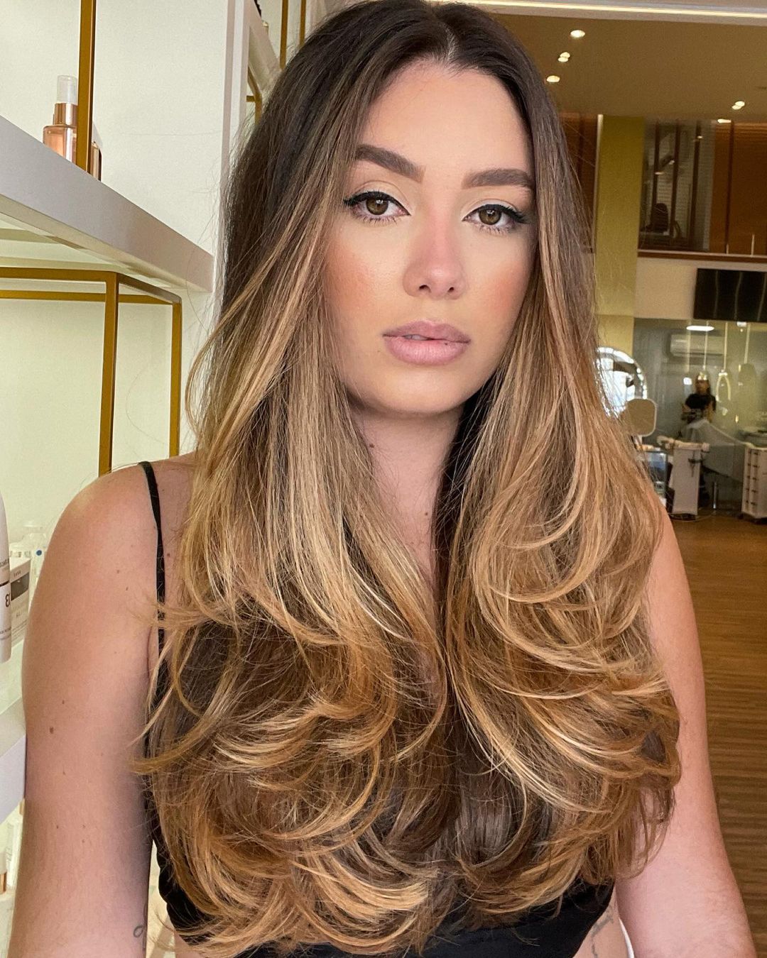 Mid-Back Layers With Glossy Curtain Bangs and Long Layered — Straight Hair