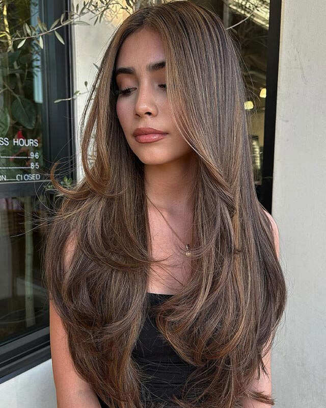 Mid-Back Layers With Face-Framing Bangs and Brown With Highlights — Straight Hair