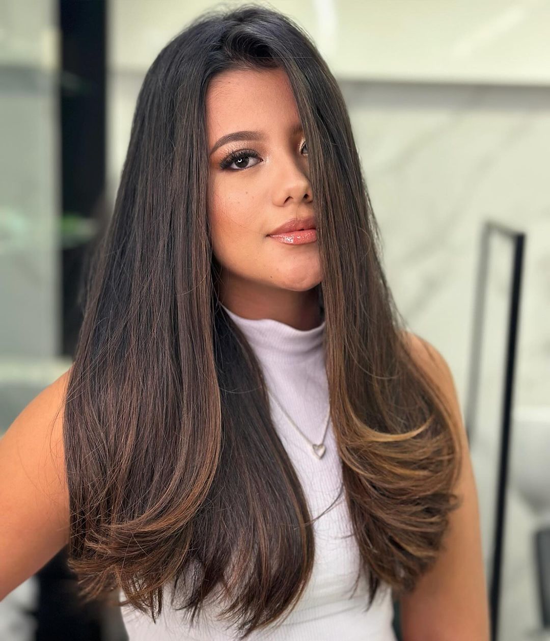 Mid-Back Long Layers Dark Brown Balayage — Straight Hair Haircuts