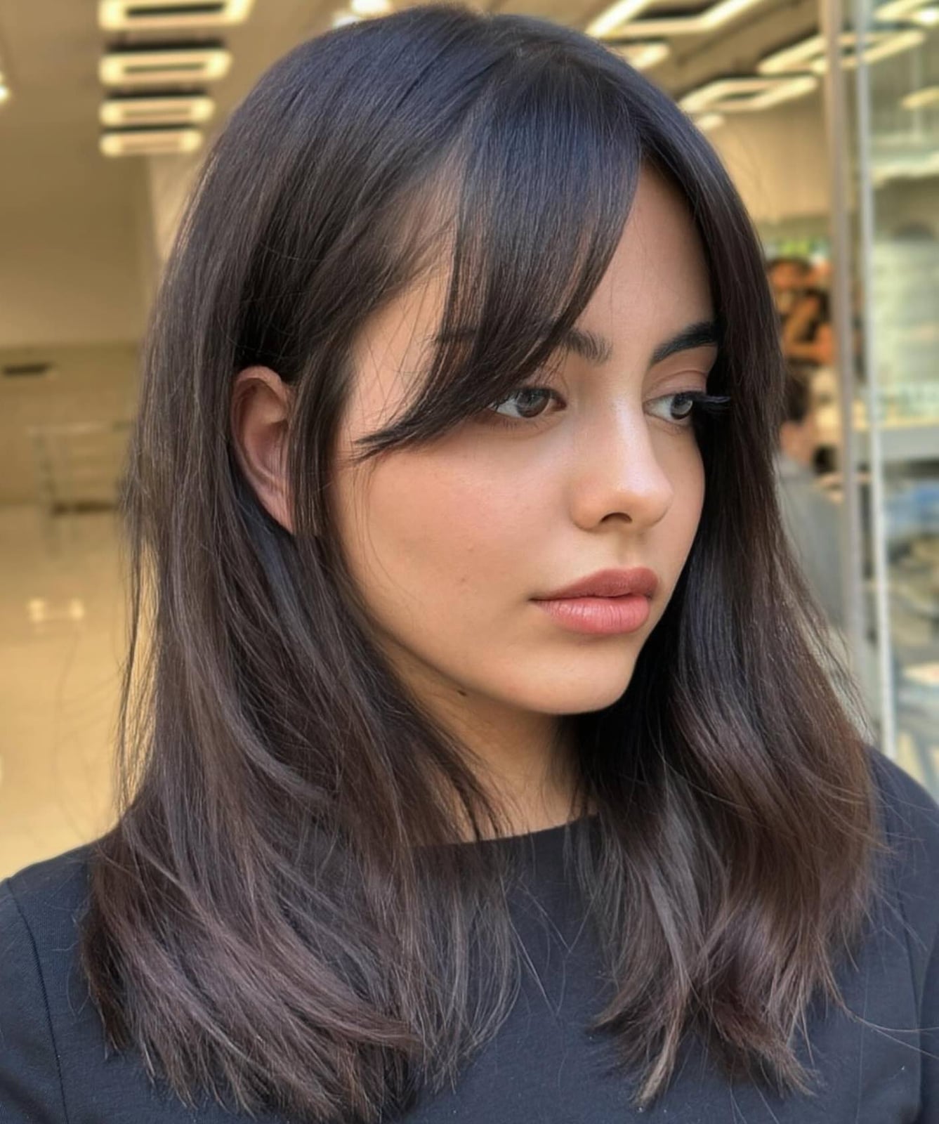 Collarbone Bob With Curtain Bangs, Dark Brown — Straight Hair Haircuts